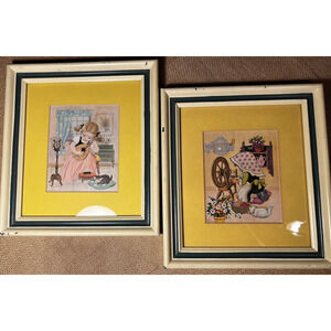 Vintage Children's Framed Prints-Set of 2 Little Musician and Spinning Yarn